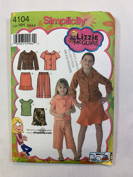 Simplicity 4104 Lizzie McGuire, Girls' Top, Skirt, Cropped Pants, Jacket, Size 3-6, Cut