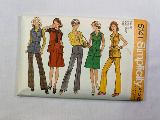 Simplicity 5141 Misses' Pants, Top, Skirt, Size 12, Cut, Vintage 1972