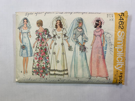 Simplicity 5462 Misses' Wedding Dress, Bridesmaid Dress, Size 14, Cut, Vintage 1972