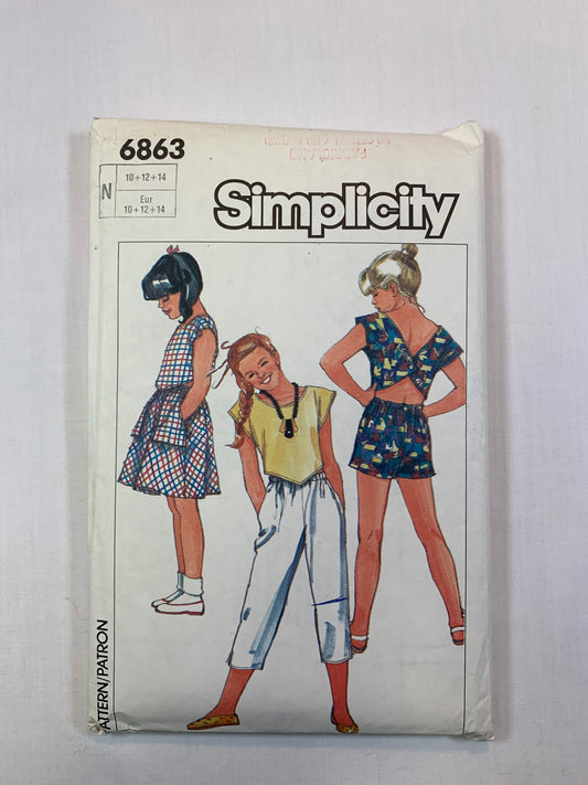 Simplicity 6863 Girls' Pants, Shorts, Skirt Top, Size 10-12, Cut, Vintage 1985