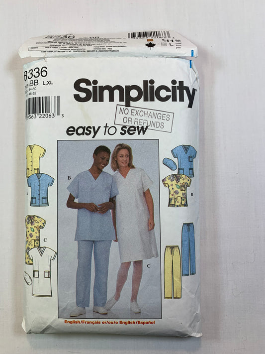 Simplicity Sewing Pattern 8336 Misses' Hospital Scrubs, Top, Pants, Dress, Hats, Button Front, Pockets, Short Sleeves, Size 18-24, Cut, Vintage 1999