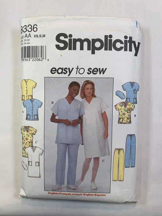 Simplicity Sewing Pattern 8336 Misses' Hospital Scrubs, Top Pants, Dress, Hats, Button Front, Pockets, Short Sleeves, Elastic Waist, Size 6-8, Cut, Vintage 1999