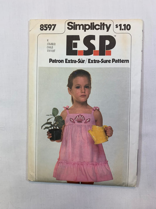 Simplicity Sewing Pattern 8597 Girls' SunDress, Sleeveless, Size 3-4, Cut, Vintage 1978