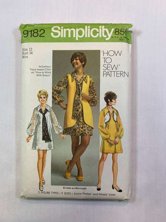 Simplicity 9182 Misses' Junior Petites Vest, Bolero, Mini-Dress, Scarf, Size 12, Cut, Vintage 1970