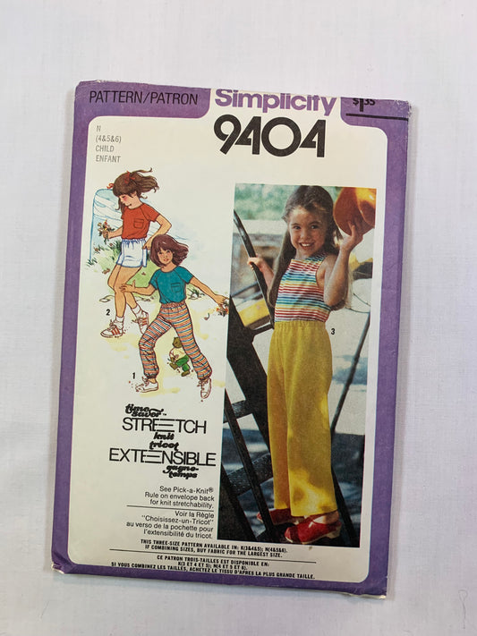 Simplicity Sewing Pattern 9404 Girls' Pants, Shorts, Pullover Top, Tank Top, Pull-On, Size 3-4, Cut, Vintage 1980