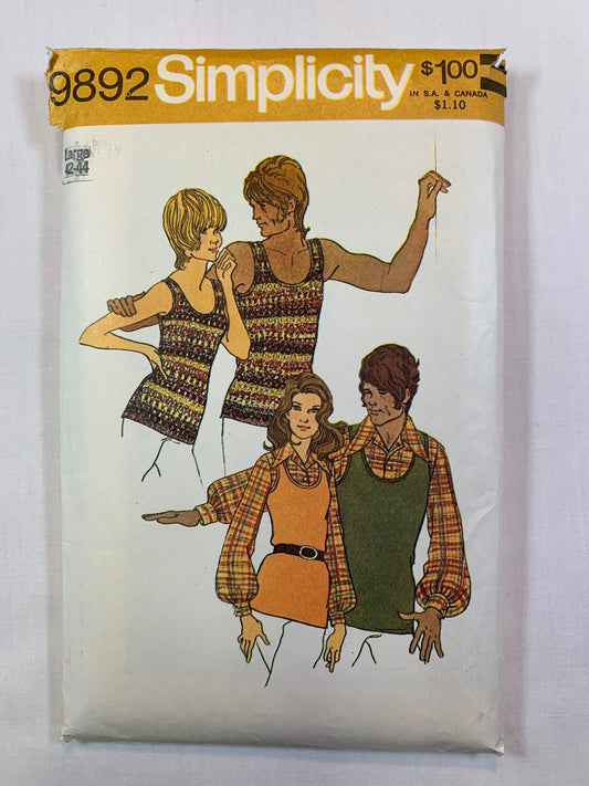 Simplicity 9892 Misses', Men's, Shirt, Top, Size 42-44, Cut, Vintage 1972
