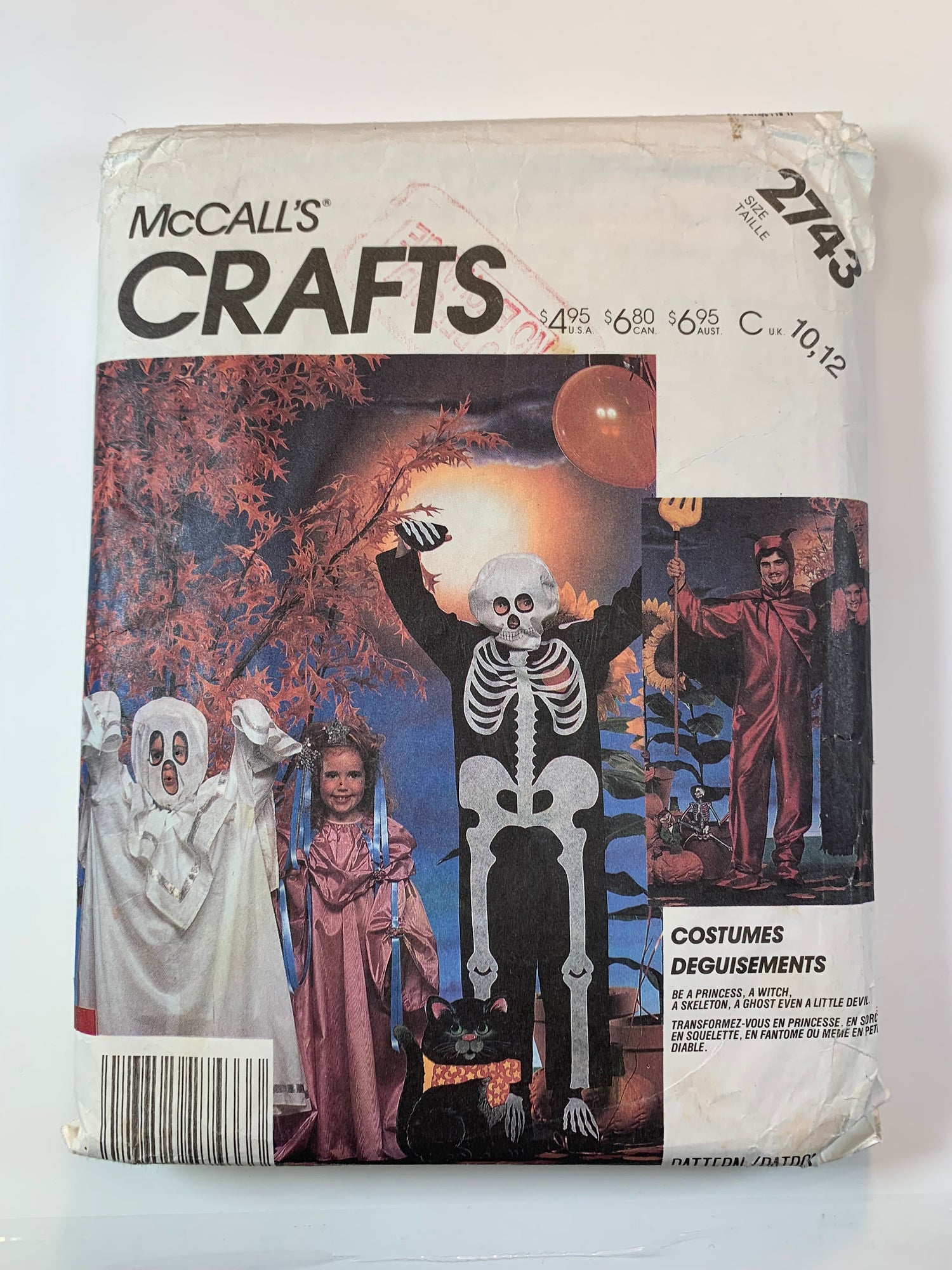 McCall's 2743 Crafts Costumes Halloween, Children's Boys', Girls' Princess, Witch, Skeleton, Ghost, Devil, Size 10-12, Cut, Vintage 1986