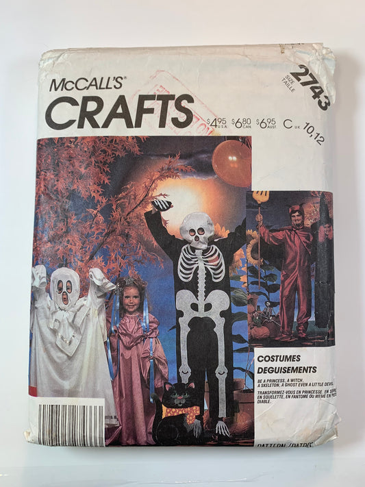 McCall's 2743 Crafts Costumes Halloween, Children's Boys', Girls' Princess, Witch, Skeleton, Ghost, Devil, Size 10-12, Cut, Vintage 1986