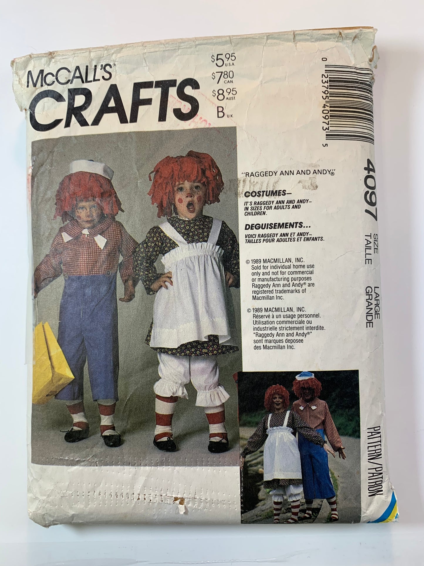 McCall's 4097 Crafts Costumes Halloween, Misses' Men's Raggedy Ann, Andy Size 40-42, Cut, Vintage 1989