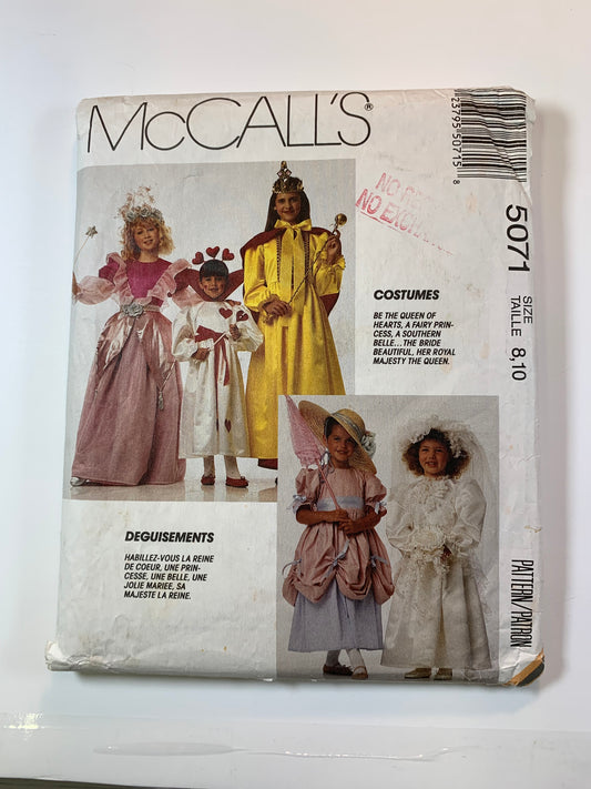 McCall's 5071 Crafts, Costumes, Halloween, Children's Girls' Queen of Hearts, Fairy Princess, Southern Belle, Bride, Royal Queen, Size 8-10, Cut, Vintage 1990