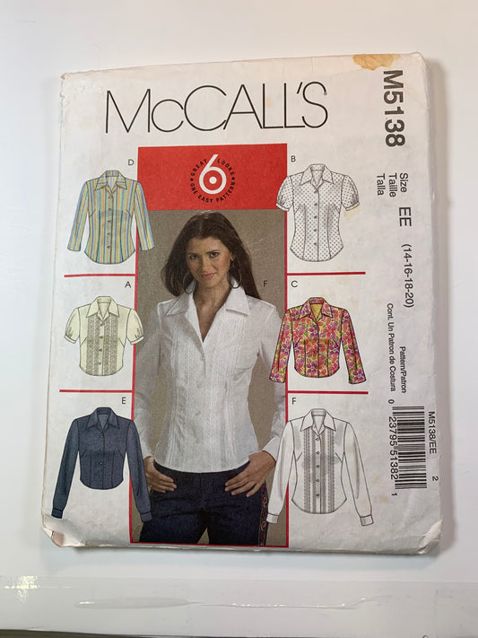 McCall's M5138 Misses'/Miss Petite, Shirts, Top, Size 14-20, Uncut, 2006