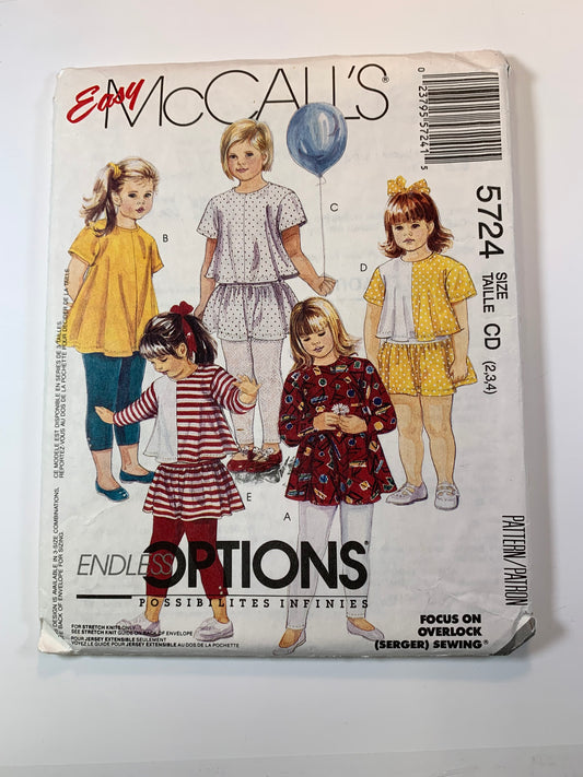 McCall's 5724 Girls' Tops, Shirts, Leggings, Size 2-4, Cut, Vintage 1991