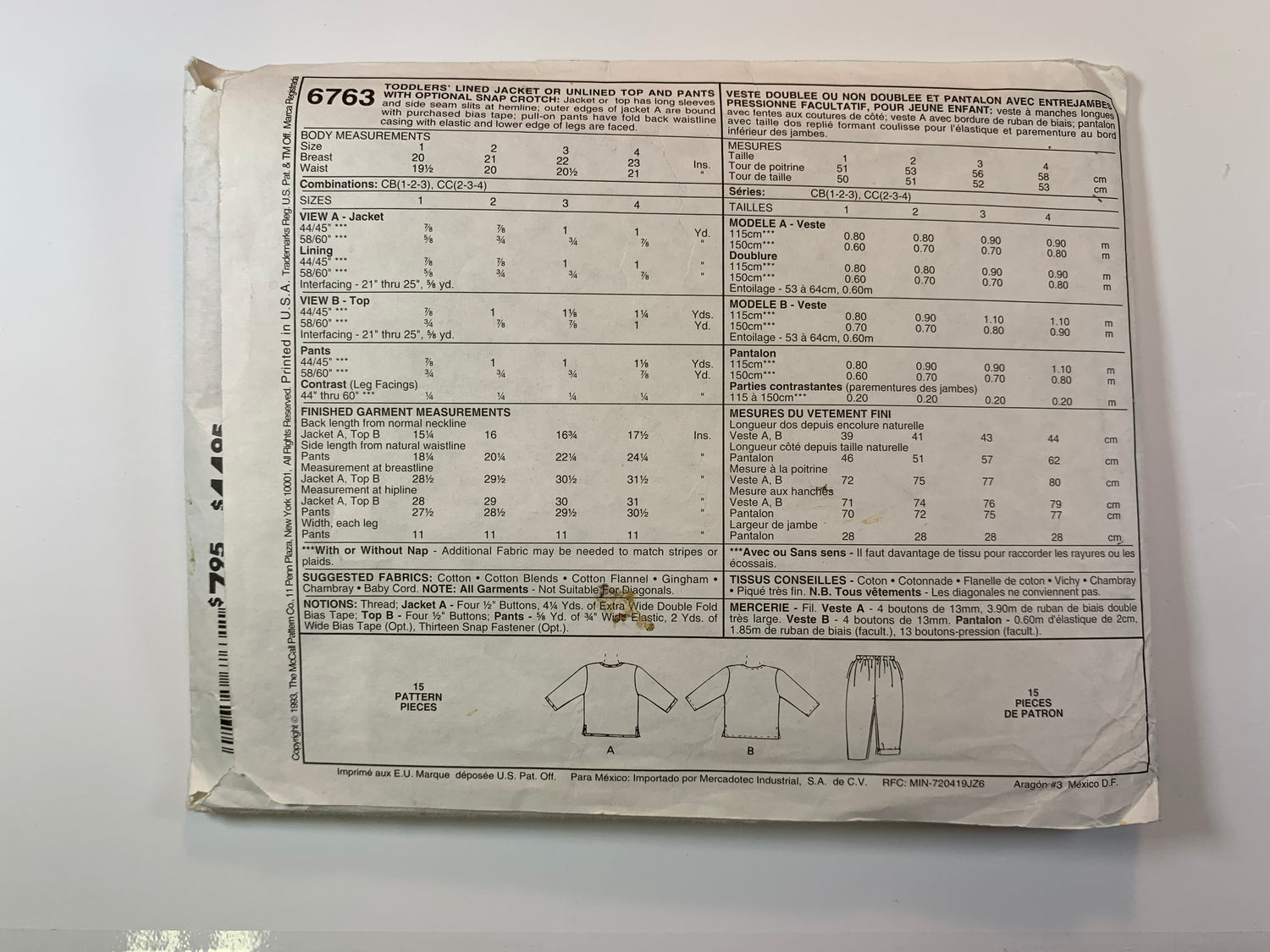 McCall's 6763 Toddlers' Jacket, Top, Pants, Size 1-3, Cut, Vintage 1993
