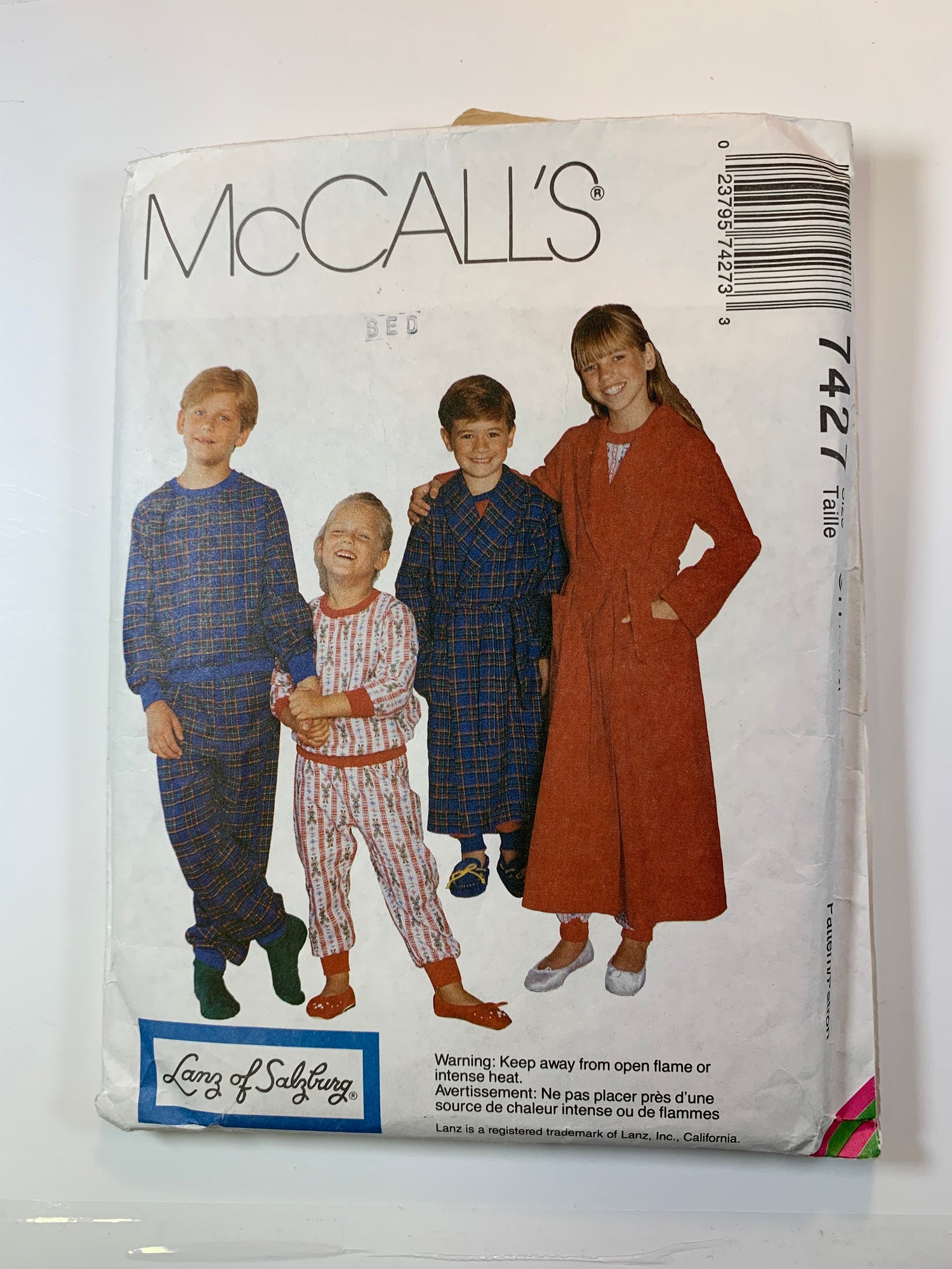 McCall's 7427 Boys' Girls' Robe, Tie Belt, Sleepwear, Pajamas, Top, Pants, Size 7-10, Cut, Vintage 1994