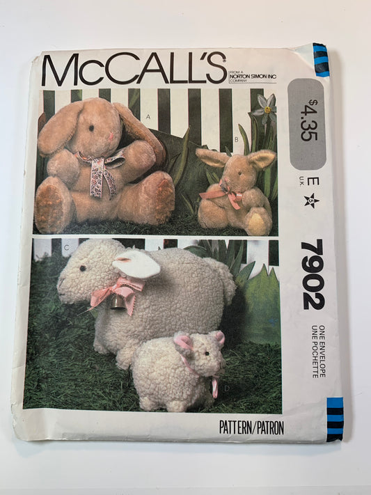 McCall's Crafts 7902 Stuffed Animals, Bunny, Lamb, Vintage 1982