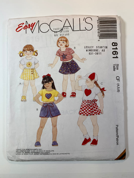 McCall's 8161 Girls' T Shirt, Skort, Size 4-6, Uncut, Vintage 1996