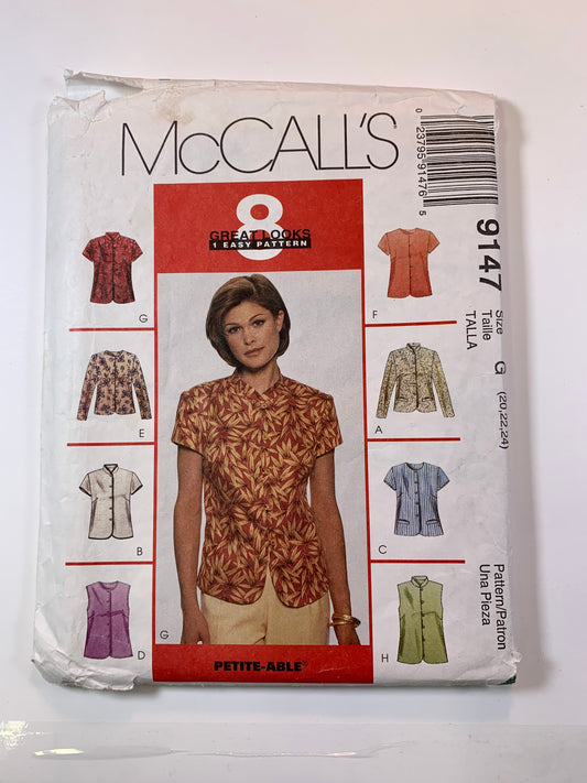 McCall's 9147 Misses' Tops, Size 20-24, Cut, Vintage 1997
