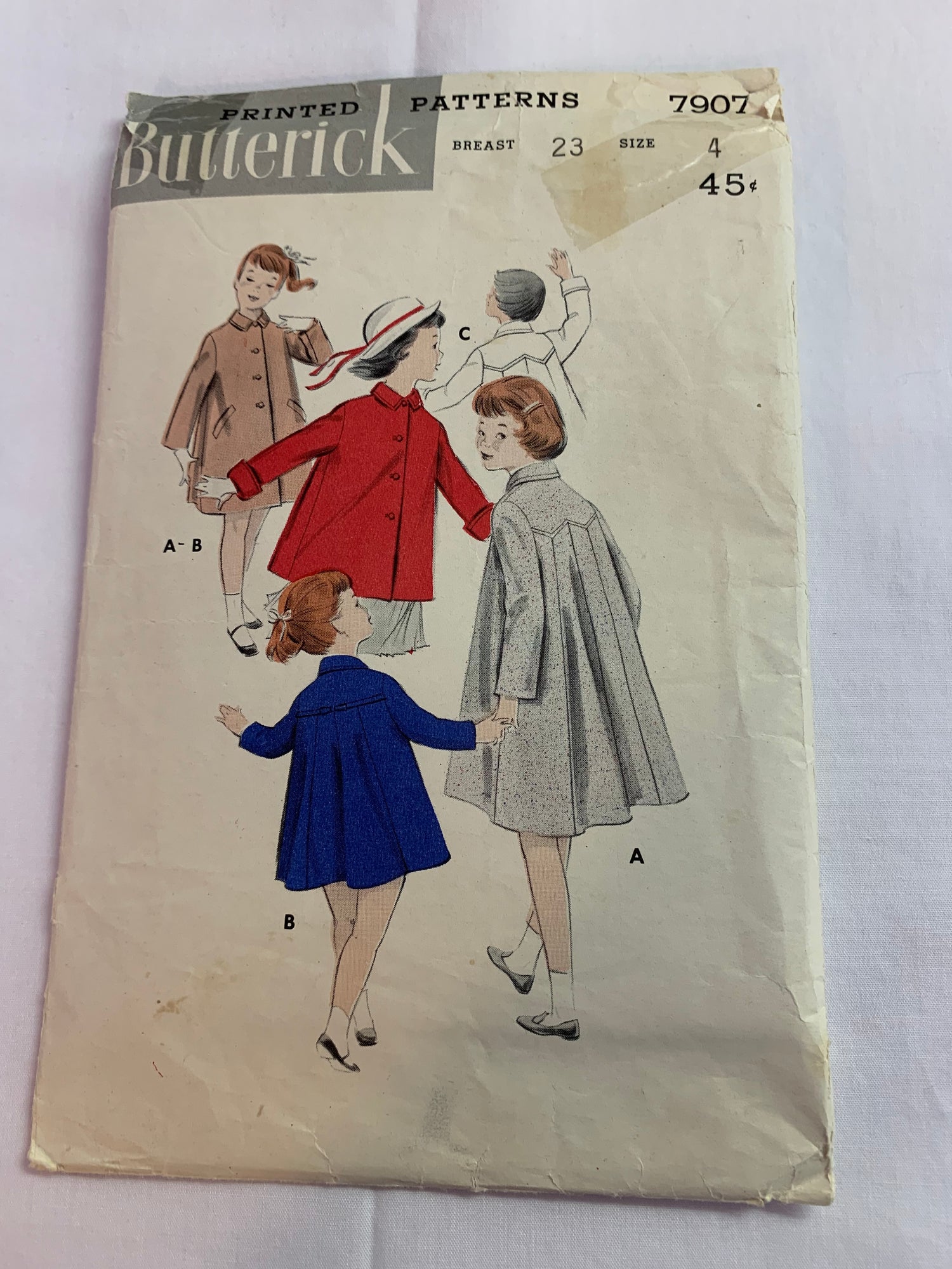 Butterick Sewing Pattern 7907 Girls' Coat, Topper, Back Gores, Collar, Flared Size 4, Cut, Vintage 1950