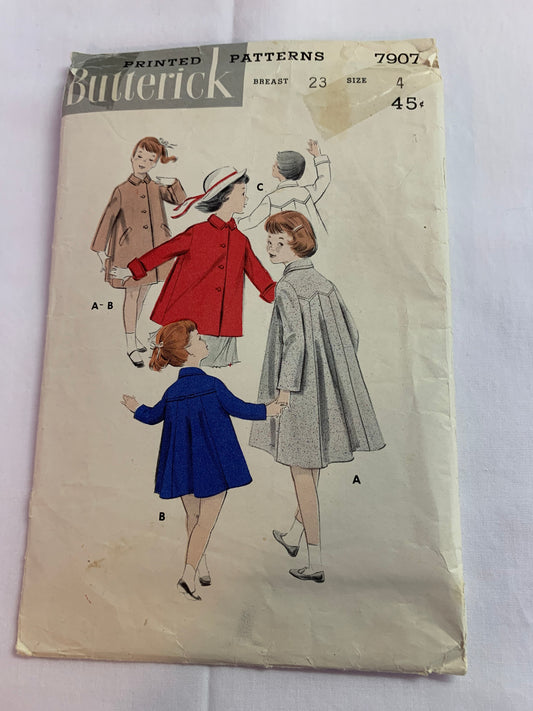 Butterick Sewing Pattern 7907 Girls' Coat, Topper, Back Gores, Collar, Flared Size 4, Cut, Vintage 1950