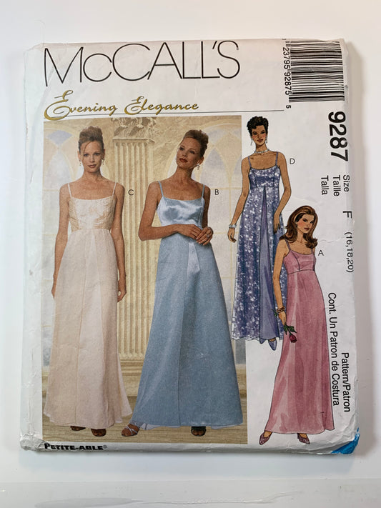 McCall's 9287 Misses' Gowns, Dress, 'Scarf, Size 16-20, Cut, Vintage 1998