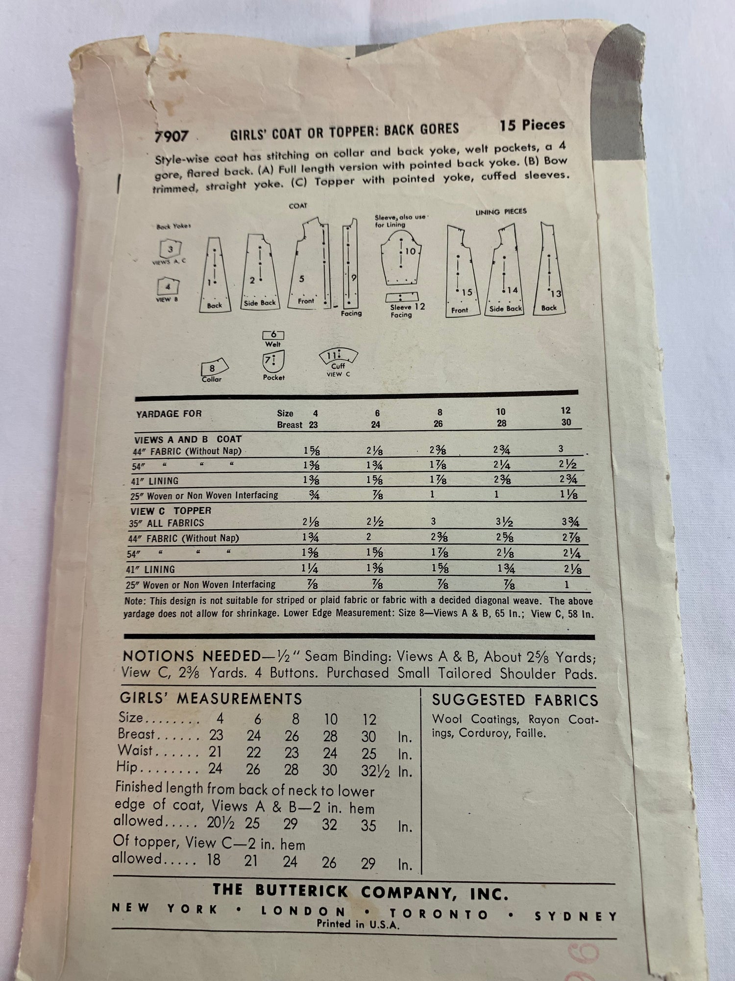 Butterick Sewing Pattern 7907 Girls' Coat, Topper, Back Gores, Collar, Flared Size 4, Cut, Vintage 1950