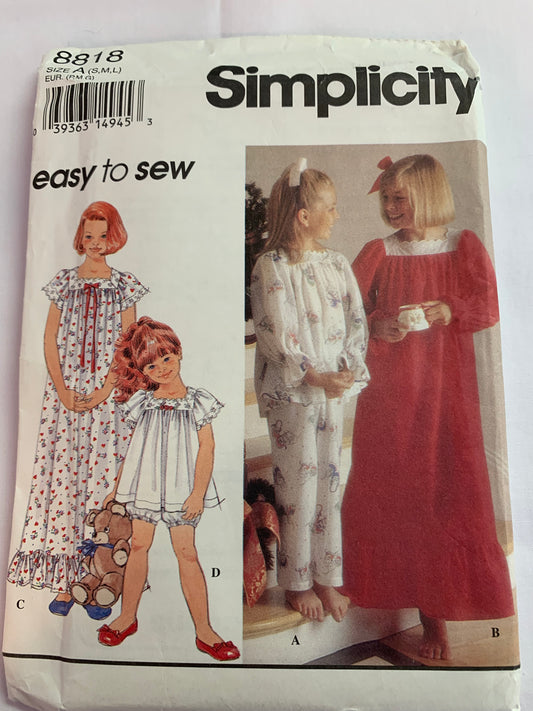 Simplicity Sewing Pattern 8818 Girls' Nightgown, Pajamas, Top, Pants, Nightshirt, Shorts, Size 6-14, Uncut, Vintage 1998