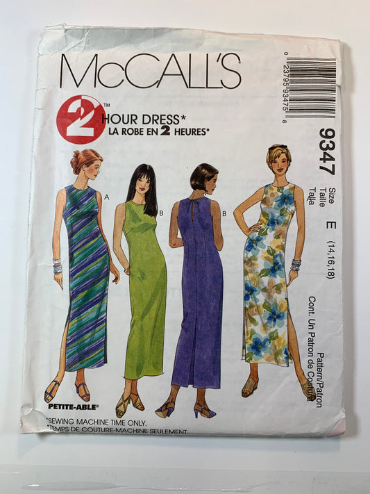 McCall's 9347 Misses' Dress. Size 14-18, Cut, Vintage 1998
