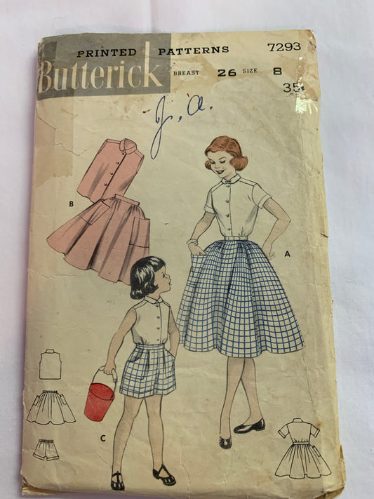 Butterick Sewing Pattern 7293 Girls' Skirt, Short Sleeved Blouse, Full Skirt, Elastic Waist, Pockets, Size 8, Cut, Vintage 1950