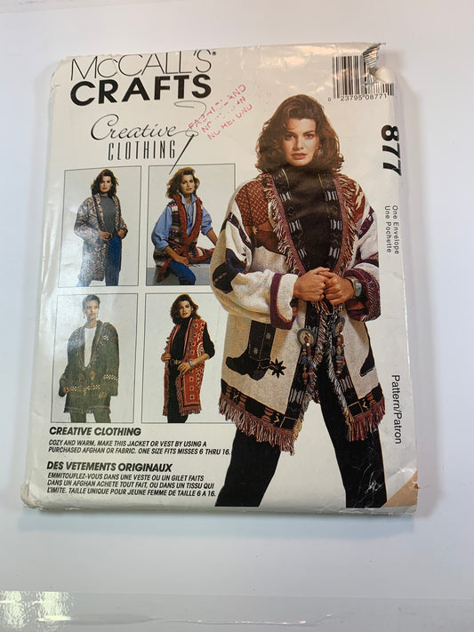 McCall's 877 Misses' Unlined Jacket/Vest, Size 6-16, Uncut, Vintage 1993