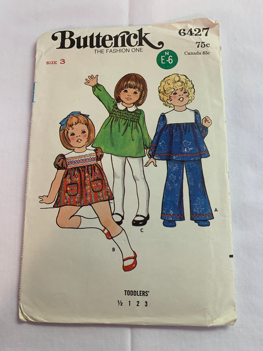 Butterick Sewing Pattern 6427 Toddlers'/Girls' Dress, Pants, High Fitted, Zipper Back, Long/Short Sleeves, Flared Pants, Pockets, Elastic Waist, Size 3, Cut, Vintage 1975