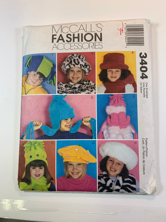 McCall's 3404 Children's Girls' Hats, Scarf, Mitts, Size S-L, Cut, 2001