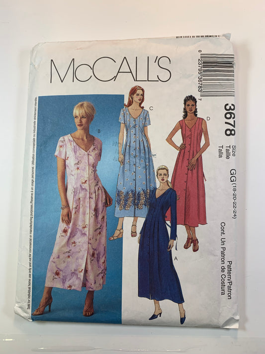 McCall's 3678 Misses'/Miss Petite Dresses, Size 18-24, Cut, 2002
