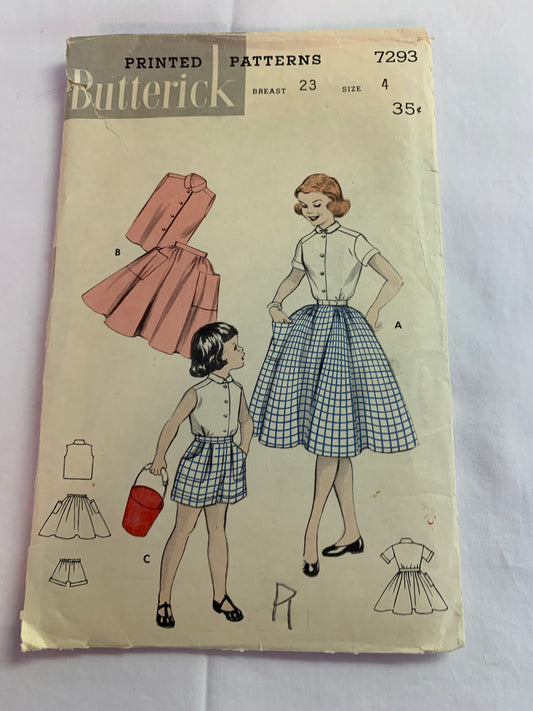 Butterick Sewing Pattern 7293 Girls' Skirt, Short Sleeved Blouse, Full Skirt, Elastic Waist, Pockets, Size 8, Cut, Vintage 1950