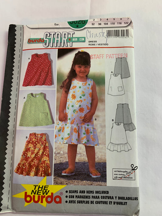 Burda Sewing Pattern 3026 Girls' Dress, Sleeveless, Pocket, Ruffle, Zipper Back 2 Variations, Semi-Fitted, Size 2-7, Uncut, 2000