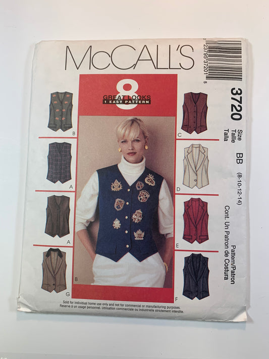 McCall's 3720 Misses'/Miss Petite Lined Vests, Size 8-14, Uncut, 2002