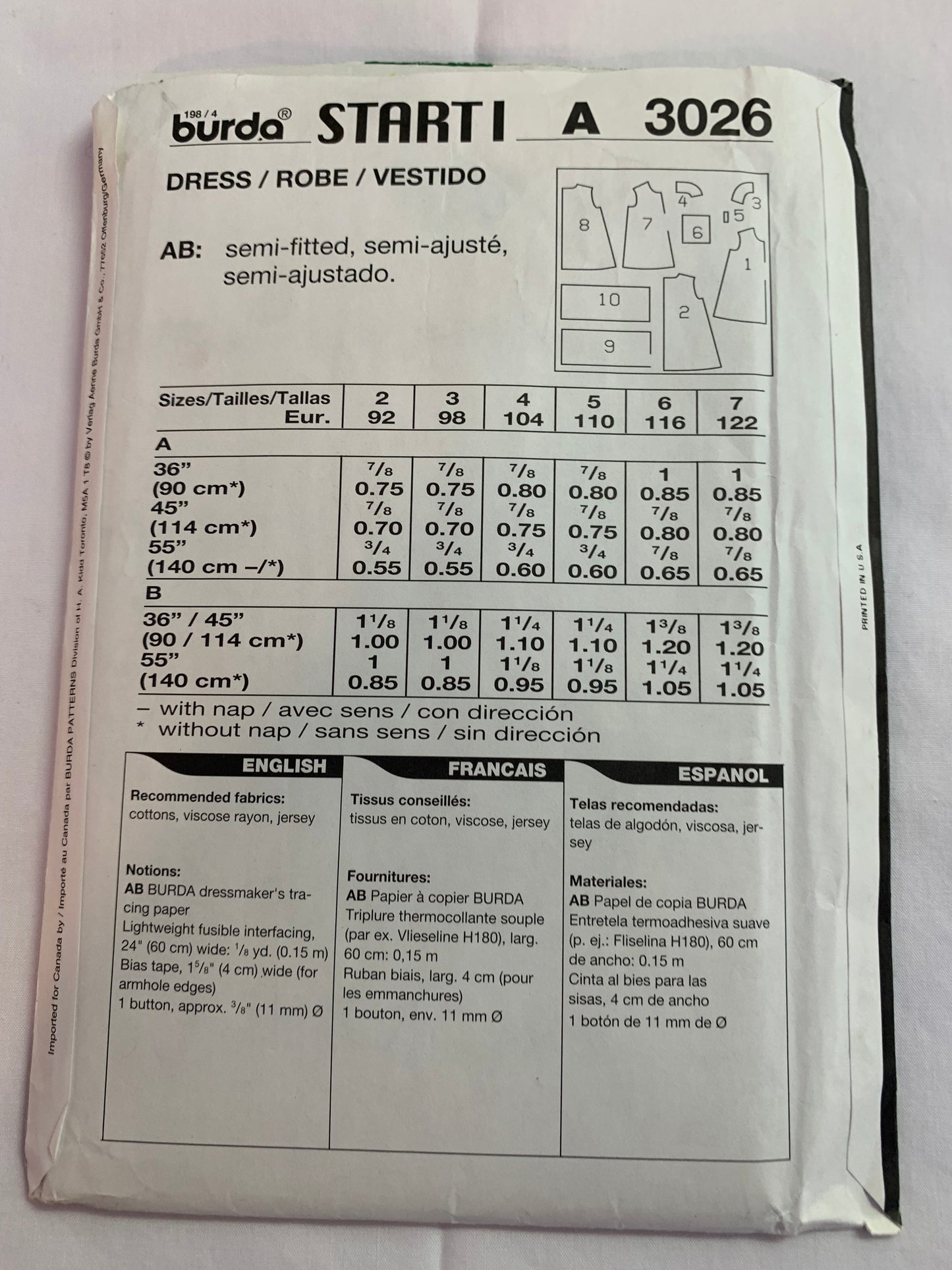 Burda Sewing Pattern 3026 Girls' Dress, Sleeveless, Pocket, Ruffle, Zipper Back 2 Variations, Semi-Fitted, Size 2-7, Uncut, 2000