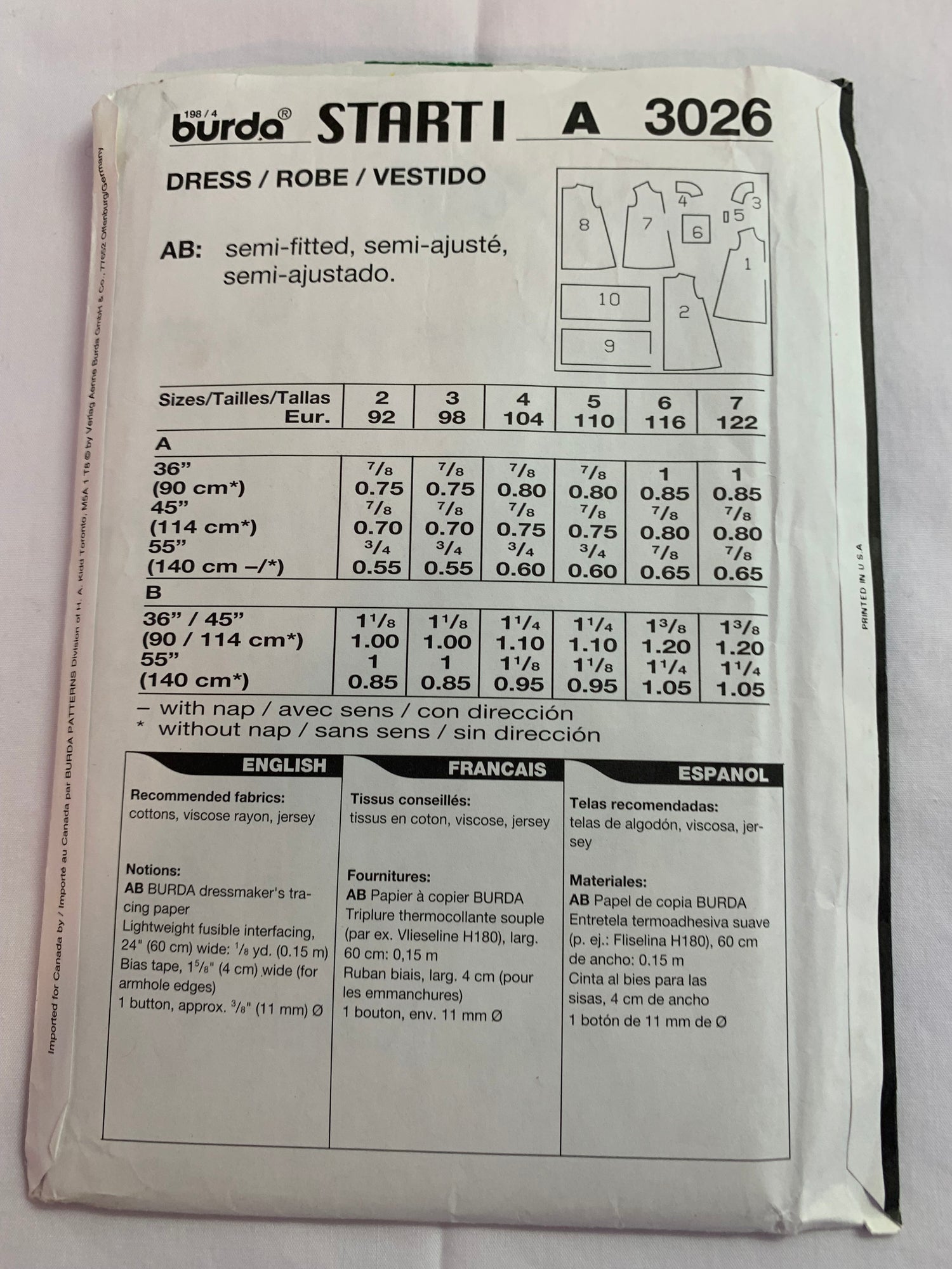 Burda Sewing Pattern 3026 Girls' Dress, Sleeveless, Pocket, Ruffle, Zipper Back 2 Variations, Semi-Fitted, Size 2-7, Uncut, 2000