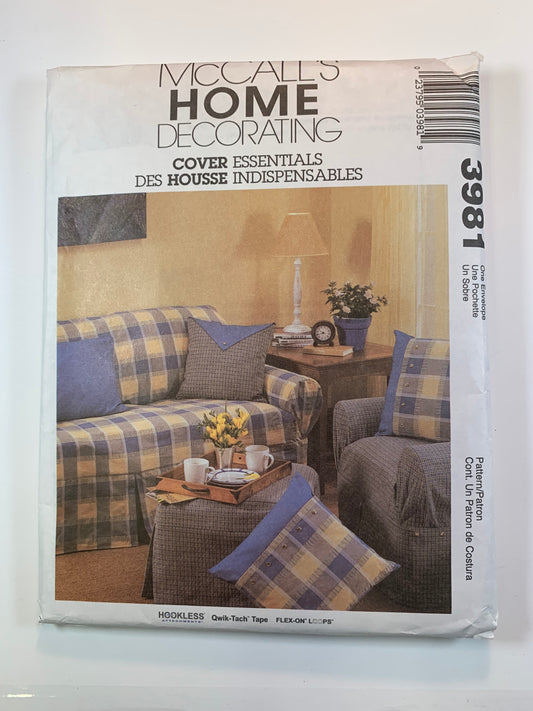 McCall's 3981 Home Decor, Cover Essentials, Sofa, Chair, Pillows, Ottoman Slipcover, Uncut, 2003