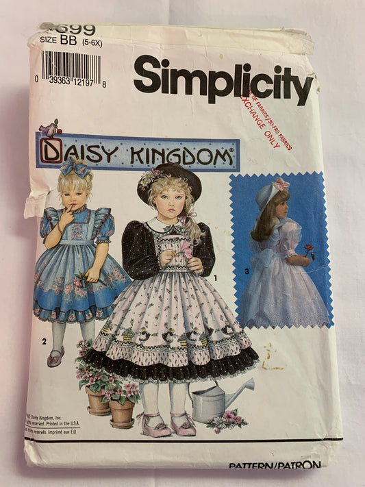 Simplicity Daisy Kingdom Sewing Pattern 7699 Girls' Dress, Pinafore, Ruffled, Long/Short Sleeves, Zipper Back, Tie Back, Size 5-6X, Uncut, Vintage 1993