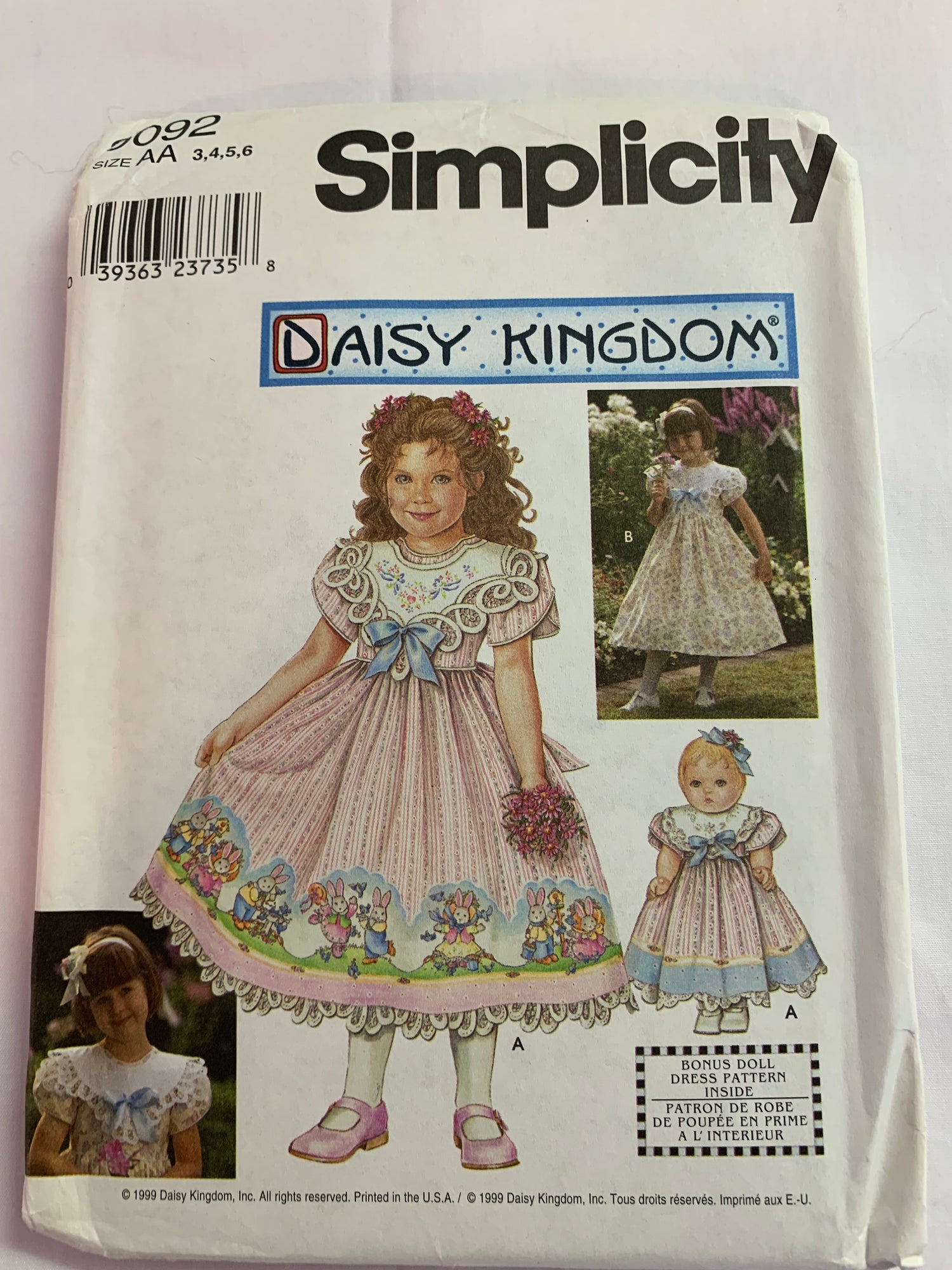 Simplicity Sewing Pattern 9092 Girls' Dress, Doll Dress 18", Zipper Back, Tie, Short Sleeves, Flared Skirt, Size 3-6, Uncut, Vintage 1999