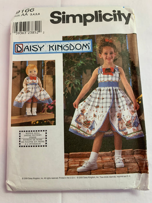 Simplicity Daisy Kingdom Sewing Pattern 9166 15" Porcelain Doll Clothes, Girls' Sundress, Shorts, Pullover, Pockets, Tie Back, Uncut, Vintage 1993