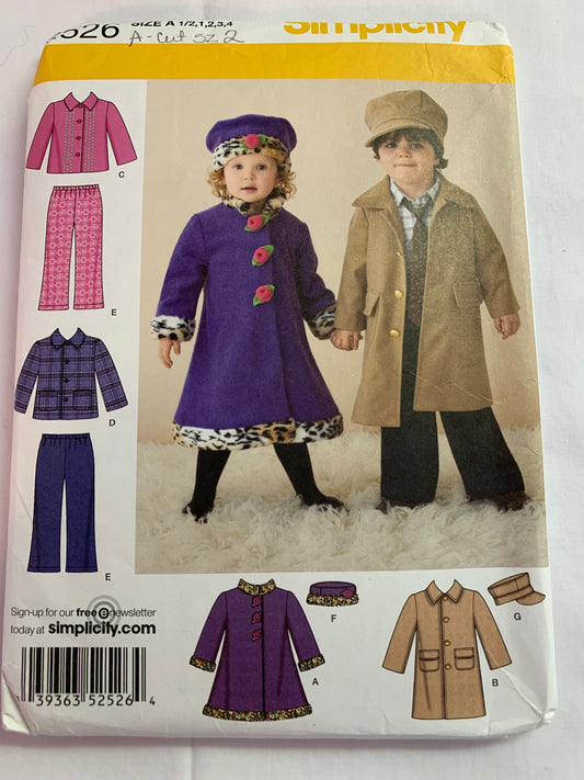 Simplicity Sewing Pattern 2526, Toddlers' Jacket, Coat, Pants, Hats, Elastic Waist, Button Front, Long Sleeves, Pockets, Size 2, Uncut, 2009