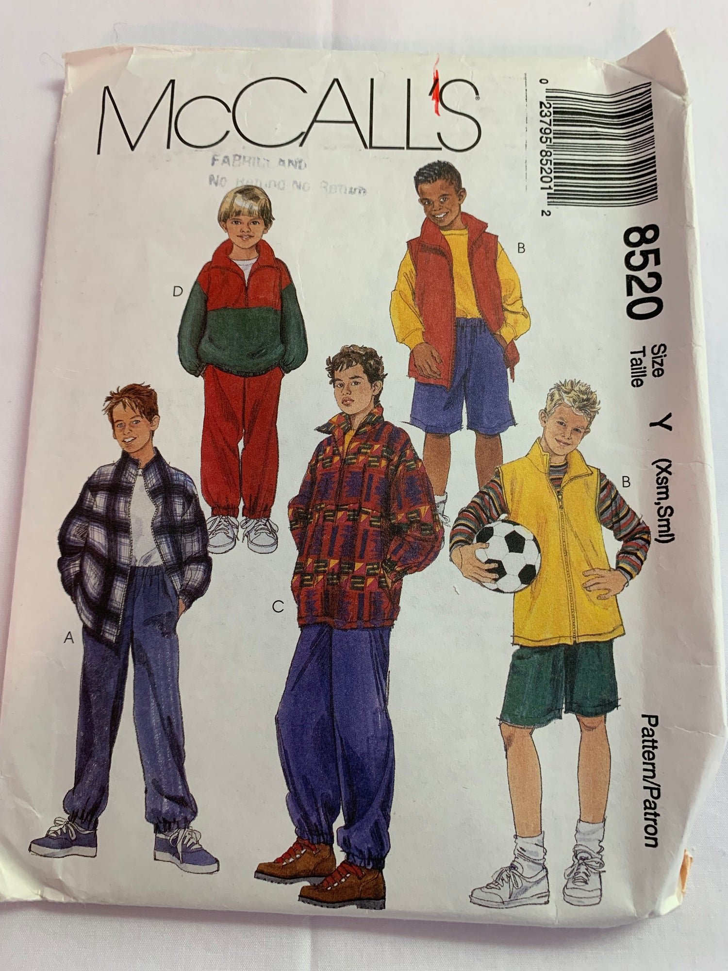 McCall's Sewing Pattern 8520 Children's/Boys' Unlined Jacket, Vest, Pullover Top, Pull-On Pants, Shorts, Size 3-6, Cut, Vintage 1986