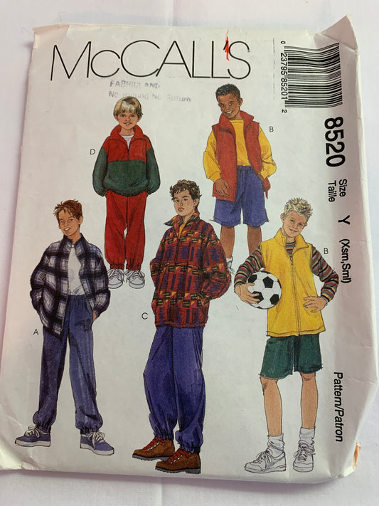 McCall's Sewing Pattern 8520 Children's/Boys' Unlined Jacket, Vest, Pullover Top, Pull-On Pants, Shorts, Size 3-6, Cut, Vintage 1986