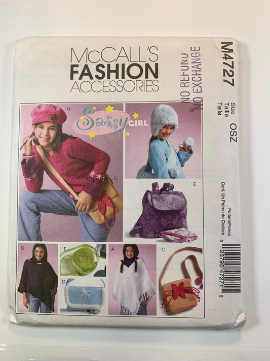 McCall's M4727 Children's Girls' Poncho, Purse, Bag, Backpack, CD Case, Hat, Size 7-16, Uncut, 2004