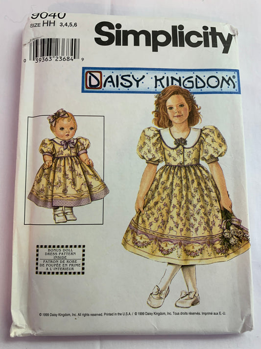 Simplicity Sewing Pattern 9040 Girls' Dress, Doll Dress, 18" Doll, Full Skirt, Zipper Back, Puffed Short Sleeves, Raised Waist, Size 3-6, Uncut, Vintage 1999
