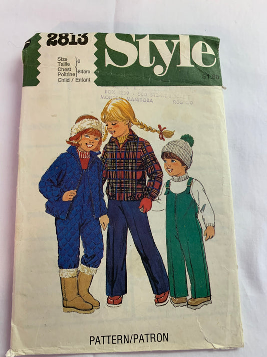 Style Sewing Pattern 2813 Girls' Unlined Jacket, Dungarees, Ski-Pants, Pockets, Zipper Front, Elastic Waist, Shoulder Straps, Size 6, Cut, Vintage 1979