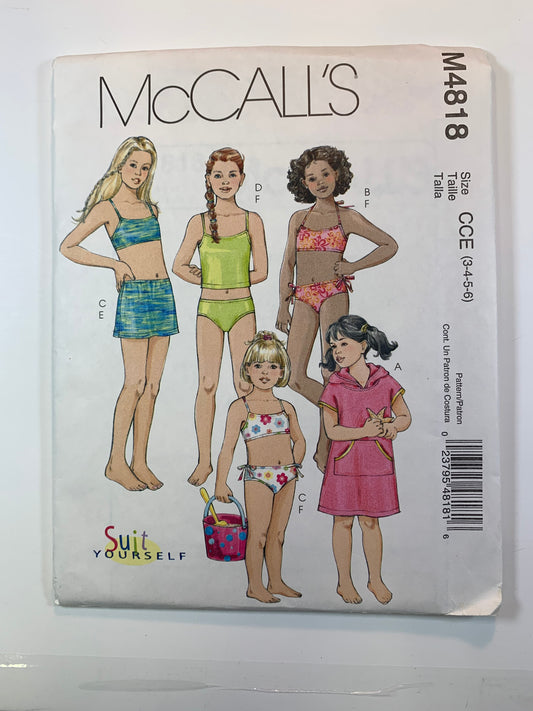 McCall's M4818 Girls' Swimsuit, Bathing Suit, Beach Jacket, Bikini, Cover-Up, Size3-6, Uncut, 2005