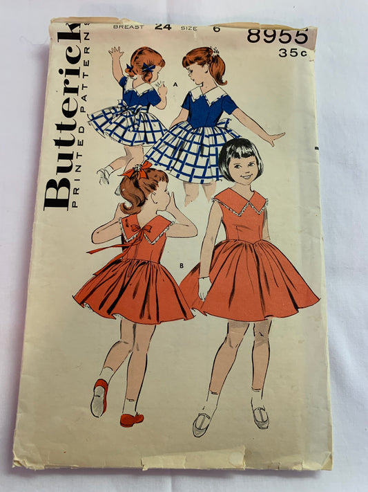 Butterick Sewing Pattern 8955 Girls' Dress, Full Skirt, Collar, Short Sleeves, Sleeveless, Sash, Above Knee, Size 6, Cut, Vintage 1950