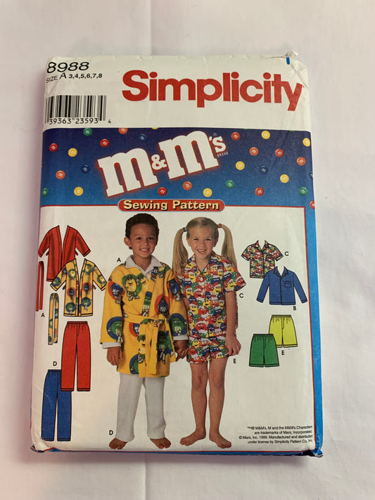 Simplicity Sewing Pattern 8988 Boy's/Girls' Robe, Top, Pants, Shorts, Size 3-8, Cut, Vintage 1999